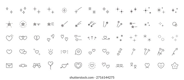 Ilustração vetorial de ícones de brilho, coração e estrela