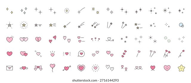 Ilustração vetorial de ícones de brilho, coração e estrela