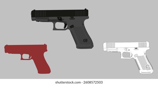Vector Illustration Set of Glock Handguns in Different Styles, this set ideal for educational, infographic, or creative design purposes