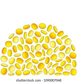 Vector illustration: set of glossy golden coins in different positions in form of hill isolated on white background. 