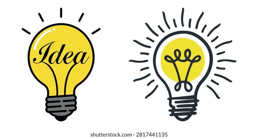 Vector illustration set of glowing yellow light bulbs with idea concept and hand drawn light ray lines isolated on a white background, perfect for creative thinking, solution, brainstorming, innovation, electricity, education, or business strategy design.