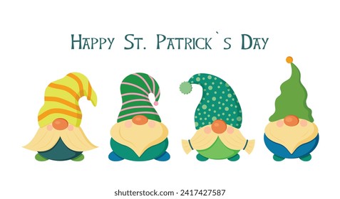 Vector illustration set of gnomes with Happy St Patrick s Day. Cartoon style.