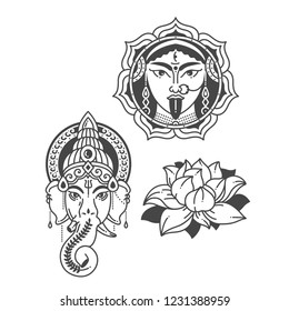 Vector illustration set of goddess Durga and indian god symbol elephant Ganesh and lotus flower .Culture and relidion symbols of India