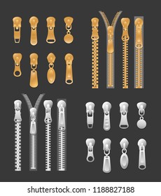 Vector illustration set of gold color and silver metallic zippers. Closed and open pullers collection on black background.