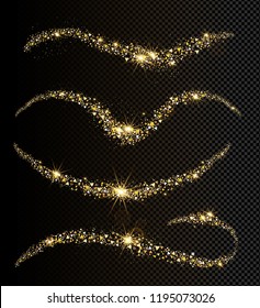 Vector illustration set of gold glitter sparkles wave on dark transparent background. Magic fairy dust.