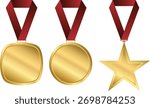 Vector illustration set  gold medals with red ribbons. Perfect for sports events, competition awards, certificates, and educational or business recognition designs.