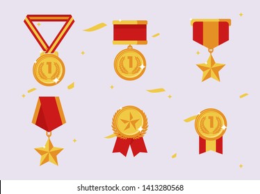 Vector illustration of a set of gold medals for merit, victory, Champions medal, insignia