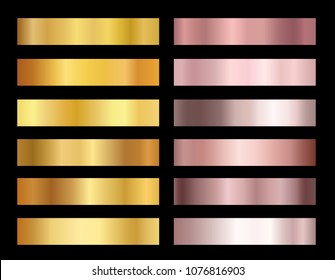 Vector illustration set of gold rose and gold foil texture backgrounds. Elegant, shiny gradients collection for border, frame, ribbon, pink golden label design.