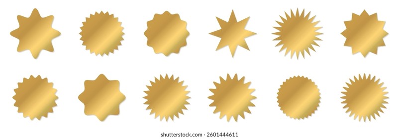 Vector illustration set of gold shiny zigzag wavy frames. Gold medal sticker. Starburst shape with jagged edges.