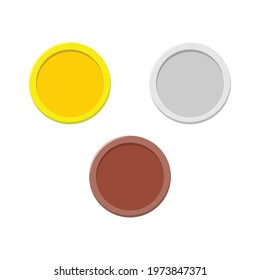 vector illustration of set of gold, silver and bronze coins. vector flat design. isolated white background.