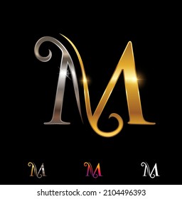 A vector Illustration set of Gold and Silver Cursive Monogram Letter M