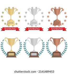 Vector illustration of a set of gold, silver and bronze trophy icons with different decorations.