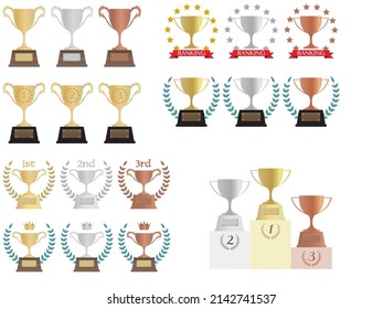 Vector illustration of a set of gold, silver and bronze trophy icons with different decorations.