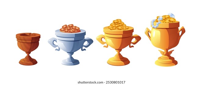 Vector illustration of a set with gold, silver and wooden cups for games. Includes both empty and full prizes filled with gold and copper coins. Ornate background.