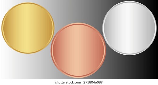 Vector illustration of a set of gold, silver, and bronze medals. Realistic 3D award seals isolated on a black and white background. Golden design elements for labels, certificates, badges, and winners. Eps10