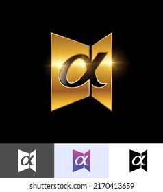 Ein Vektorgrafik-Set mit Golden Alpha Illustration Zeichen auf schwarzem Hintergrund mit goldenem glänzender Wirkung