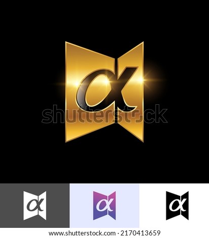 A vector illustration set of Golden Alpha Illustration Sign in black background with gold shine effect