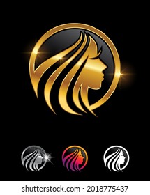 A vector illustration set of Golden Beauty Circle Symbol Vector Sign in black background with gold shine effect