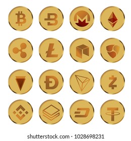 Vector Illustration of A set of golden bitcoin and other cryptocurrency coin on white background cryptocurrency concept