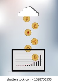 Vector Illustration of A set of golden bitcoin and other cryptocurrencies coin falling from cloud to laptop cryptocurrency concept