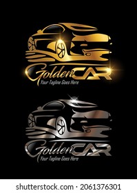 Un conjunto de ilustraciones vectoriales Golden Car y Silver Car Vector Signo en fondo negro con efecto de brillo dorado