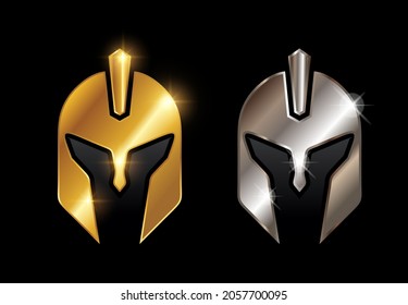 A Vector Illustration set of Golden and Chrome Knight Helmet Vector Sign in black background with gold and silver shine effect