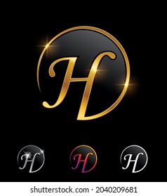 Un conjunto de ilustraciones vectoriales de la letra Círculo Dorado H en fondo negro con brillo dorado y efecto espumoso 