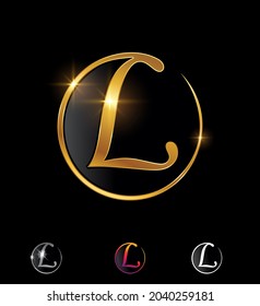 A Vector Illustration Set Of Golden Circle Letter L In Black Background With Gold And Sprankling Effect