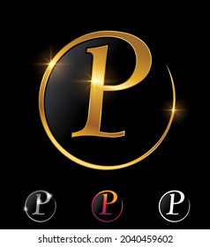 A Vector Illustration set of Golden Circle Letter P in black background with gold shine and sprankling effect