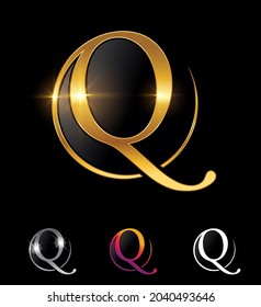 Un conjunto de ilustraciones vectoriales de la letra Círculo Dorado Q en fondo negro con brillo dorado y efecto de resorte