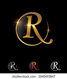 Un conjunto de ilustraciones vectoriales de la letra del círculo dorado R en fondo negro con brillo dorado y efecto de resorte