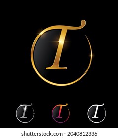 A vector Illustration set of Golden Circle Letter T in black background with gold shine and sparkling effect