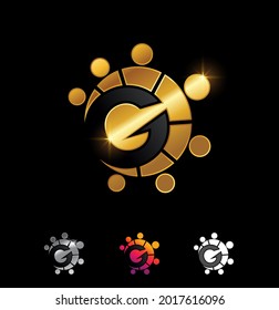 A vector illustration set of Golden Community Initial Letter G Logo in black background with gold shine effect 