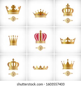 Vector illustration. Set of golden crown icons on the vignette background. Different images of crown.