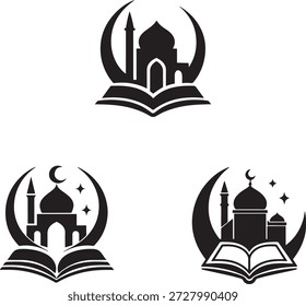 Ilustração vetorial conjunto de coroas douradas e elementos decorativos com design de fundo abstrato com silhuetas de referência como uma mesquita, igreja e ícones de castelo como símbolos de viagem