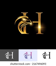 A vector illustration set of Golden Eagle Monogram Initial Letter H in black background with gold shine effect