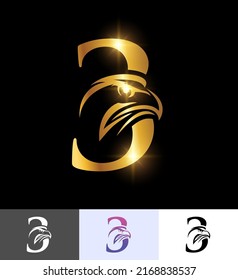 A vector illustration set of Golden Eagle Monogram Number 3 in black background with gold shine effect