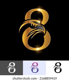 A vector illustration set of Golden Eagle Monogram Number 8 in black background with gold shine effect