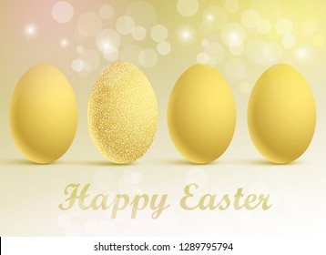 Vector illustration of a set of golden eggs on a festive background with a Happy Easter greeting.
