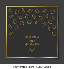 Vector illustration: set of golden flying coin icons in different positions with slogan and two picks isolated on black background with golden border. 