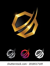 Un conjunto de ilustraciones vectoriales de Golden Geometric Business Finance Premium Company Logo y Sign in black Background con efecto de brillo dorado para el logotipo de lujo y real 