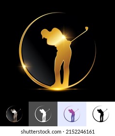 A vector illustration set of Golden Golfer in Circle Logo Sign