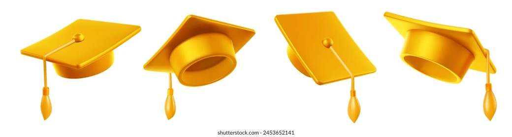 Vektorillustration des Satzes von goldenen Abschlusskappe mit goldener Quaste auf weißem Hintergrund. 3D-Stil Design der Kollektion der Graduierung Hut in verschiedenen Winkeln für Web, Ort, Banner, Poster, Karte