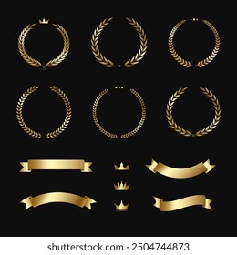 Vector illustration set of golden laurel wreath and ribbon icons. Ideal for trophies and honorary awards, celebrating winners and champions.