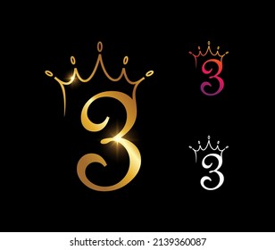 A vector illustration set of Golden Luxury Crown Monogram Number 3
