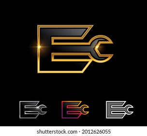 A Vector Illustration set of Golden Mechanic Monogram Logo letter E in black background with gold shine effect