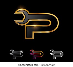 A Vector Illustration set of Golden Mechanic Monogram Logo letter P in black background with gold shine effect