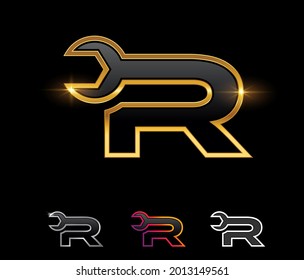 A vector illustration set of Golden Mechanic Monogram Logo letter R