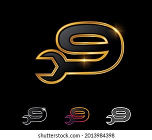 A  Vector Illustration set of Golden Mechanic Monogram Logo Number 9