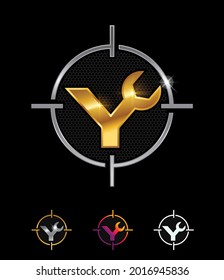 A vector Illustration set of Golden Mechanic Monogram Logo letter Y with gold shine effect on black background